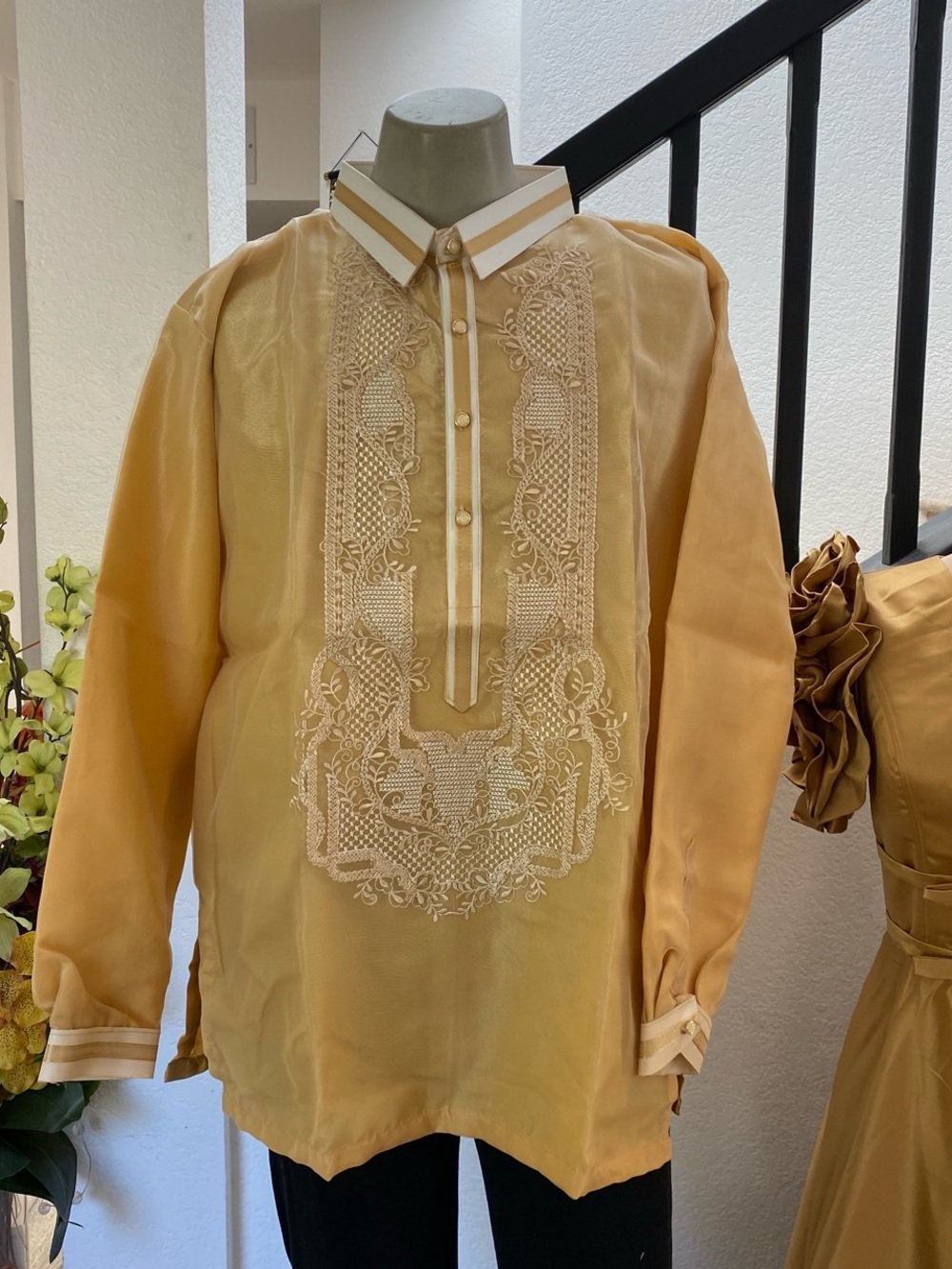 Men's Traditional Embroidered Barong-Style Polo Shirt in Gold